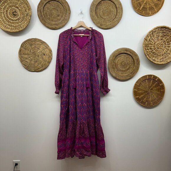 $198 Roller Rabbit Boho Purple Long Sleeve Augusta Garnet Midi Dress Medium - Picture 2 of 11